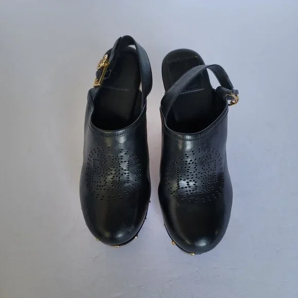 Tory Burch Brayden Perforated Leather Logo Slingback Wood Clogs. Size 7.5M - Picture 2 of 11
